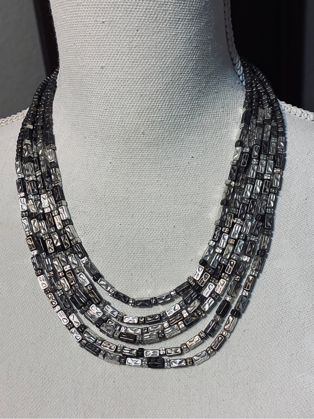 Chico's Layered Hematite and Silver Bead Necklace